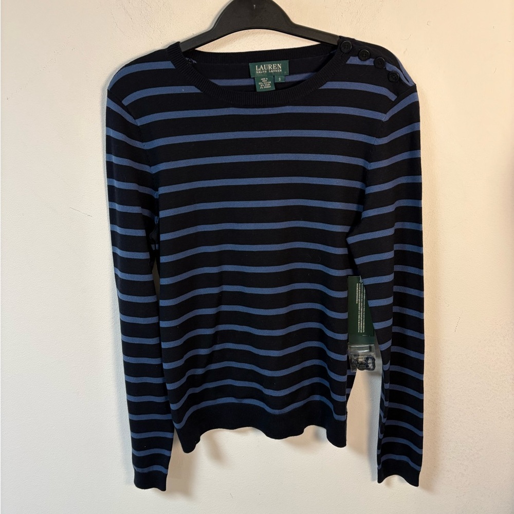 Lauren Ralph Lauren Womens Navy and Blue Striped  Silk Sweater Small NWT
